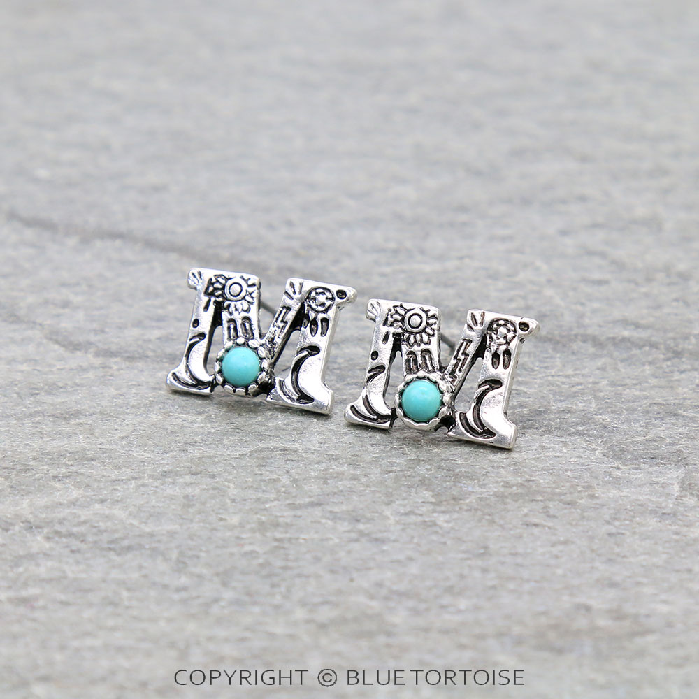 Western Initial "M" Stone Stud Earrings