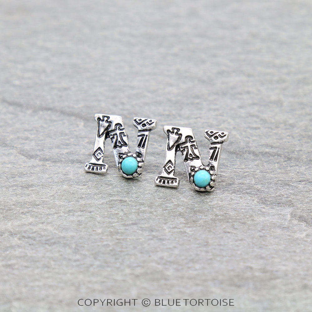 Western Initial "N" Stone Stud Earrings