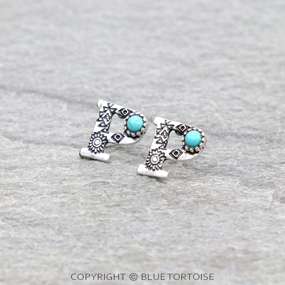 Western Initial "P" Stone Stud Earrings