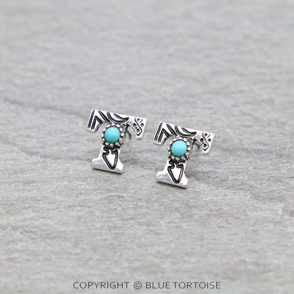 Western Initial "T" Stone Stud Earrings