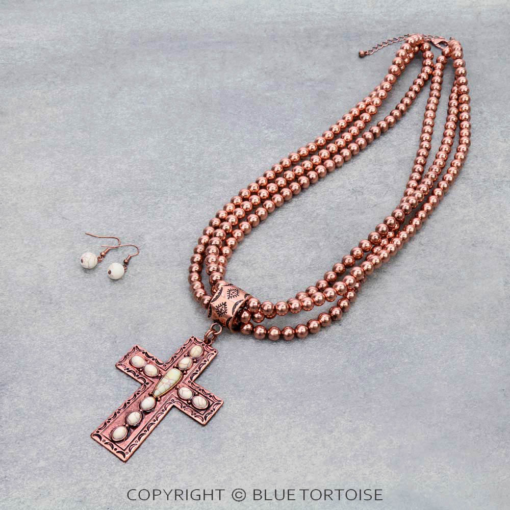 Western Cross with Stone Pendant Necklace Set