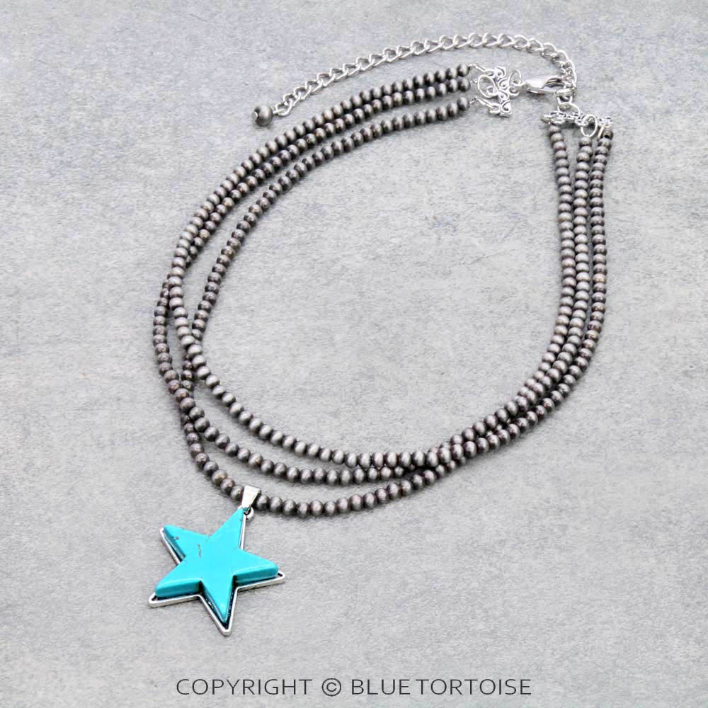 15" Long, Multi-strand Tiny 4mm Navajo Style Pearl Necklace, Lone Star Natural Stone Pendant
