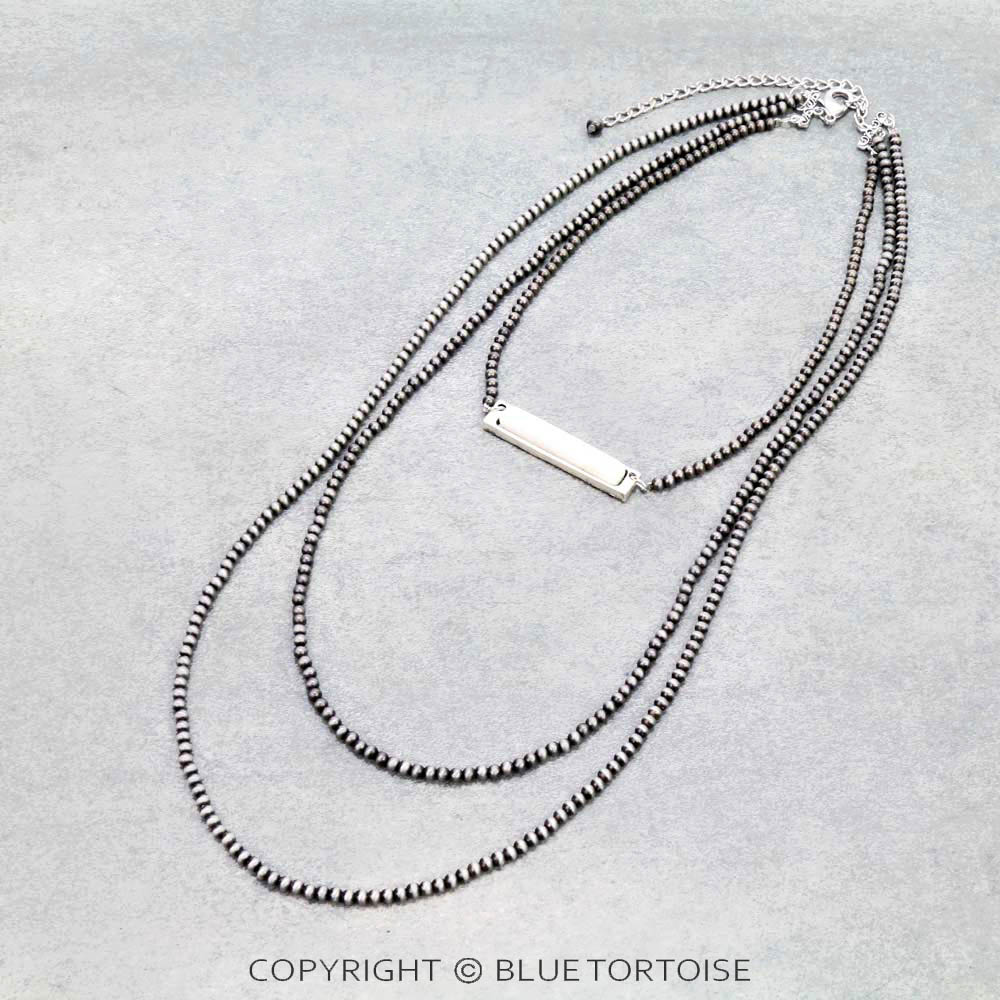 30" Long, Multi-strand Tiny 4mm Navajo Style Pearl Necklace, Bar Natural White Stone Pendant