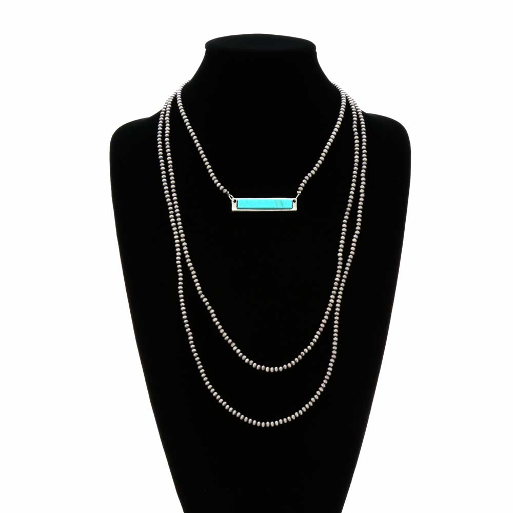 30" Long, Multi-strand Tiny 4mm Navajo Style Pearl Necklace, Bar Natural White Stone Pendant - Image 2