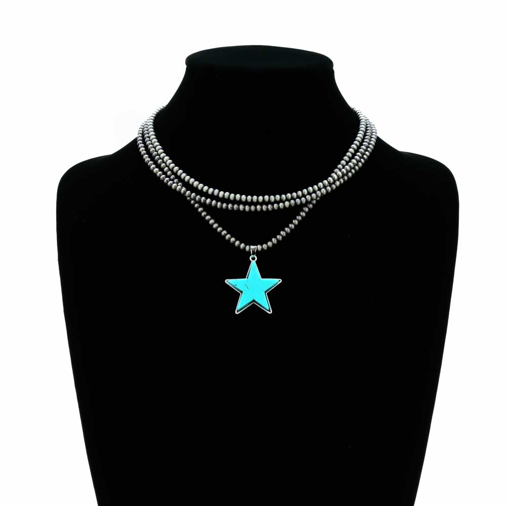 15" Long, Multi-strand Tiny 4mm Navajo Style Pearl Necklace, Lone Star Natural Stone Pendant - Image 2
