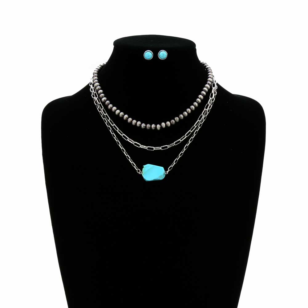 Western Turquoise Stone Slab with Pearl and Chain Layered Necklace Set - Image 2
