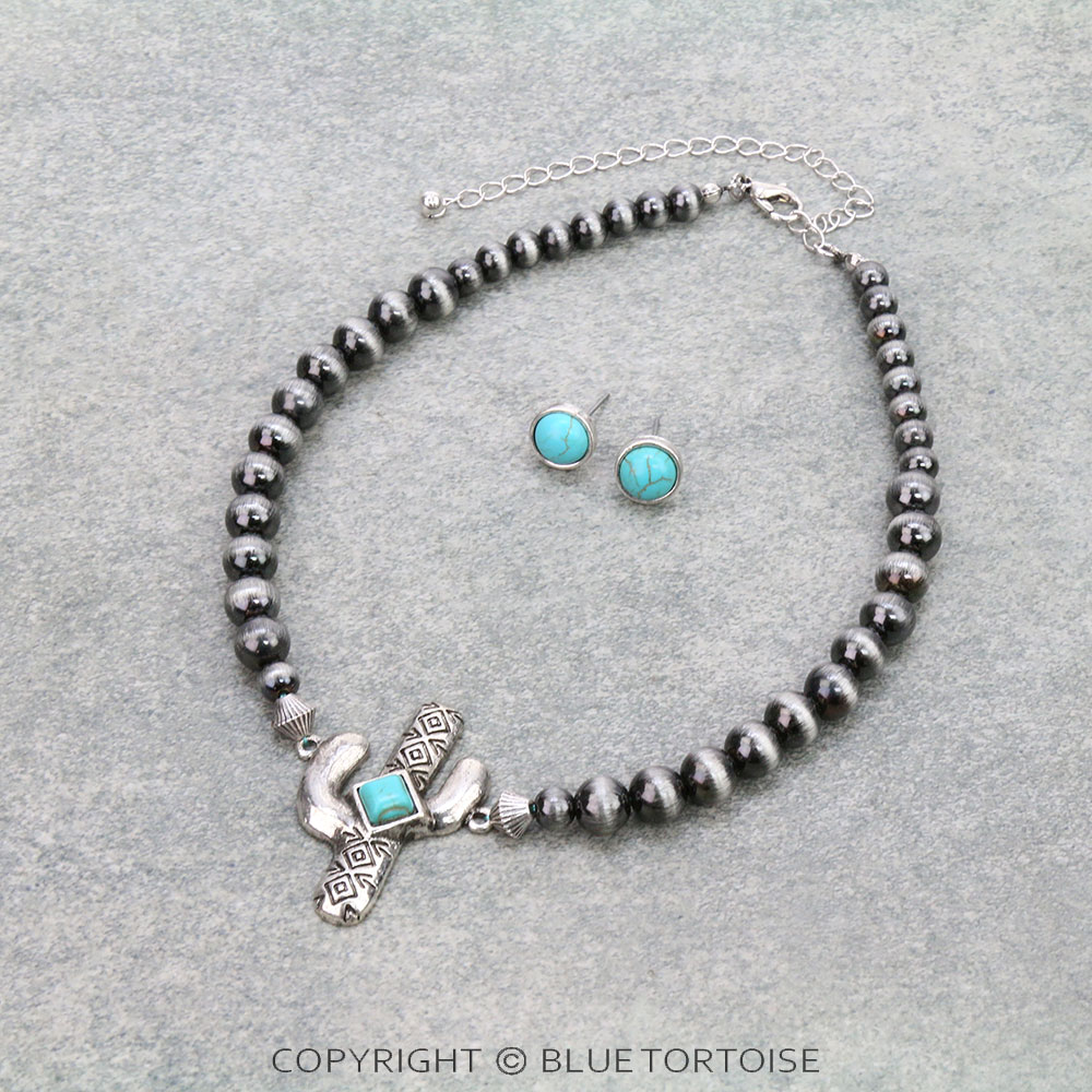 Navajo Style Pearl with Cactus Choker Set