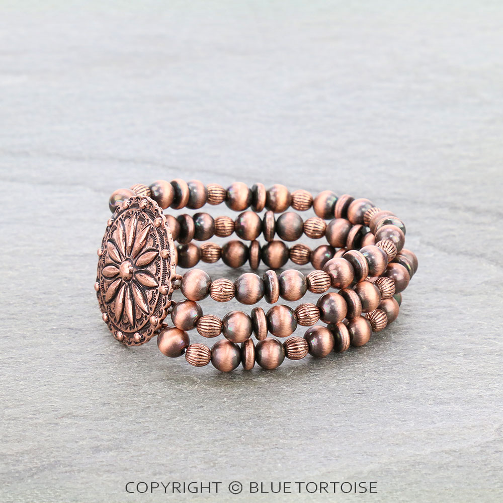 Western Navajo Style Pearl with Concho Stretch Bracelet - Image 2