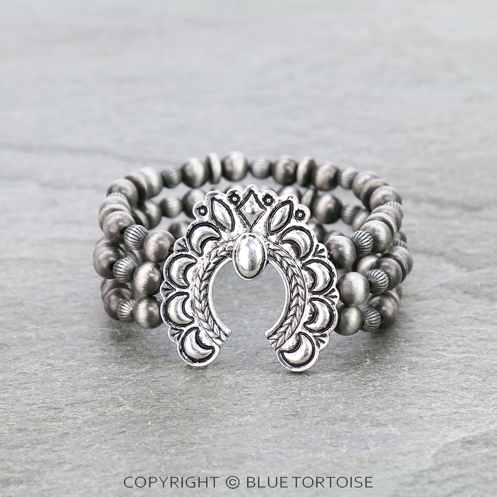Western Navajo Style Pearl with Squash Blossom Stretch Bracelet