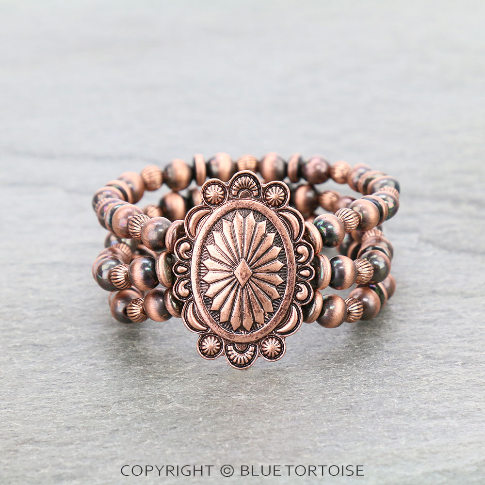 Western Navajo Style Pearl with Concho Stretch Bracelet