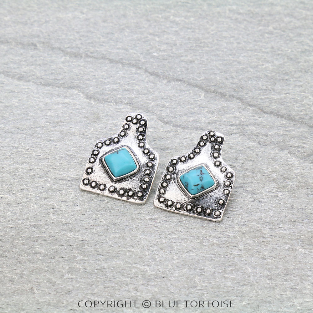 1.25" Western Ear Tag with Stone Stud Earrings