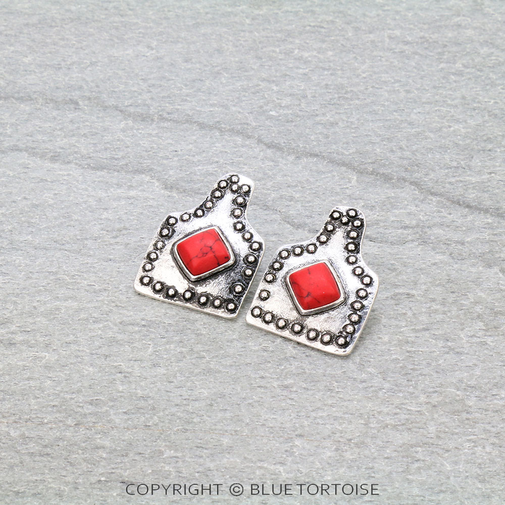1.25" Western Ear Tag with Stone Stud Earrings