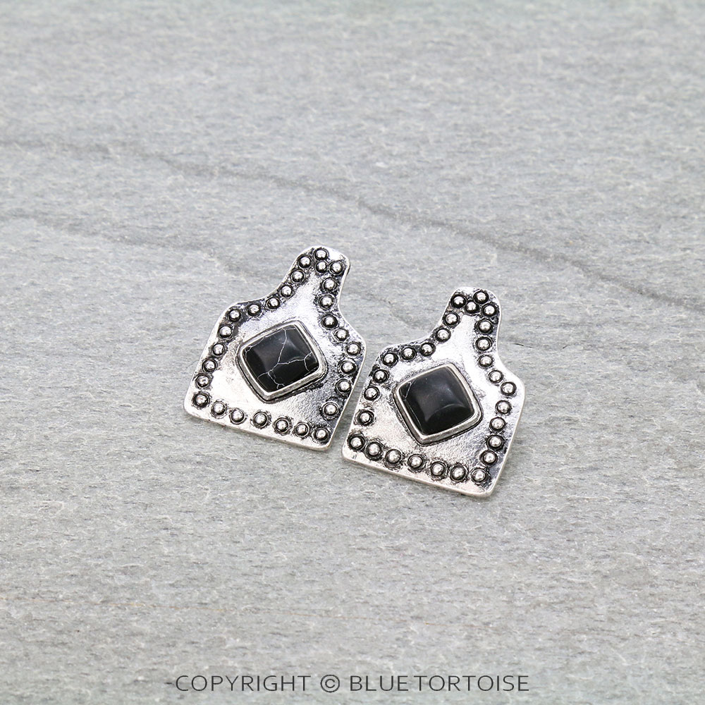 1.25" Western Ear Tag with Stone Stud Earrings