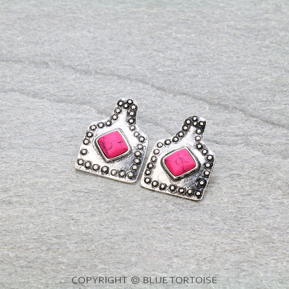 1.25" Western Ear Tag with Stone Stud Earrings