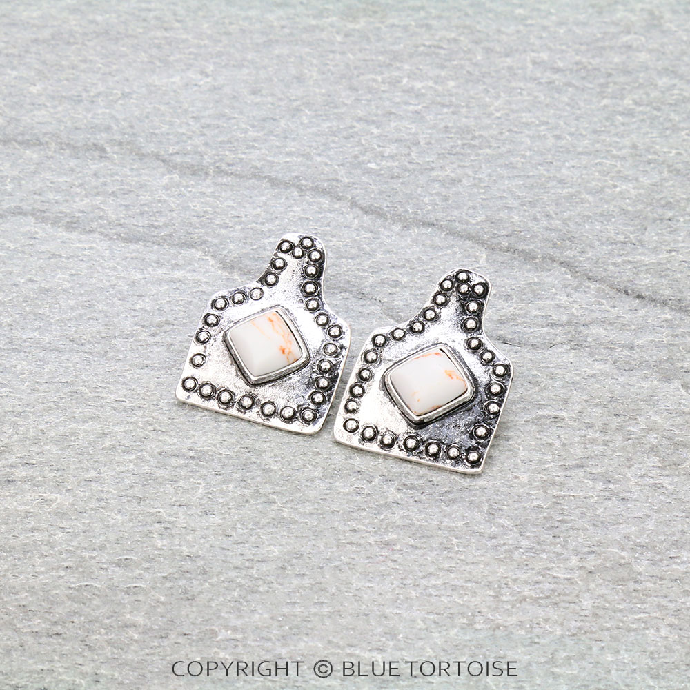 1.25" Western Ear Tag with Stone Stud Earrings