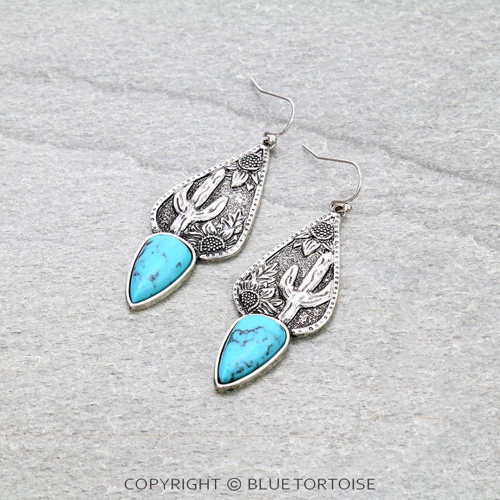 2" Western Cactus with Stone Dangle Earrings