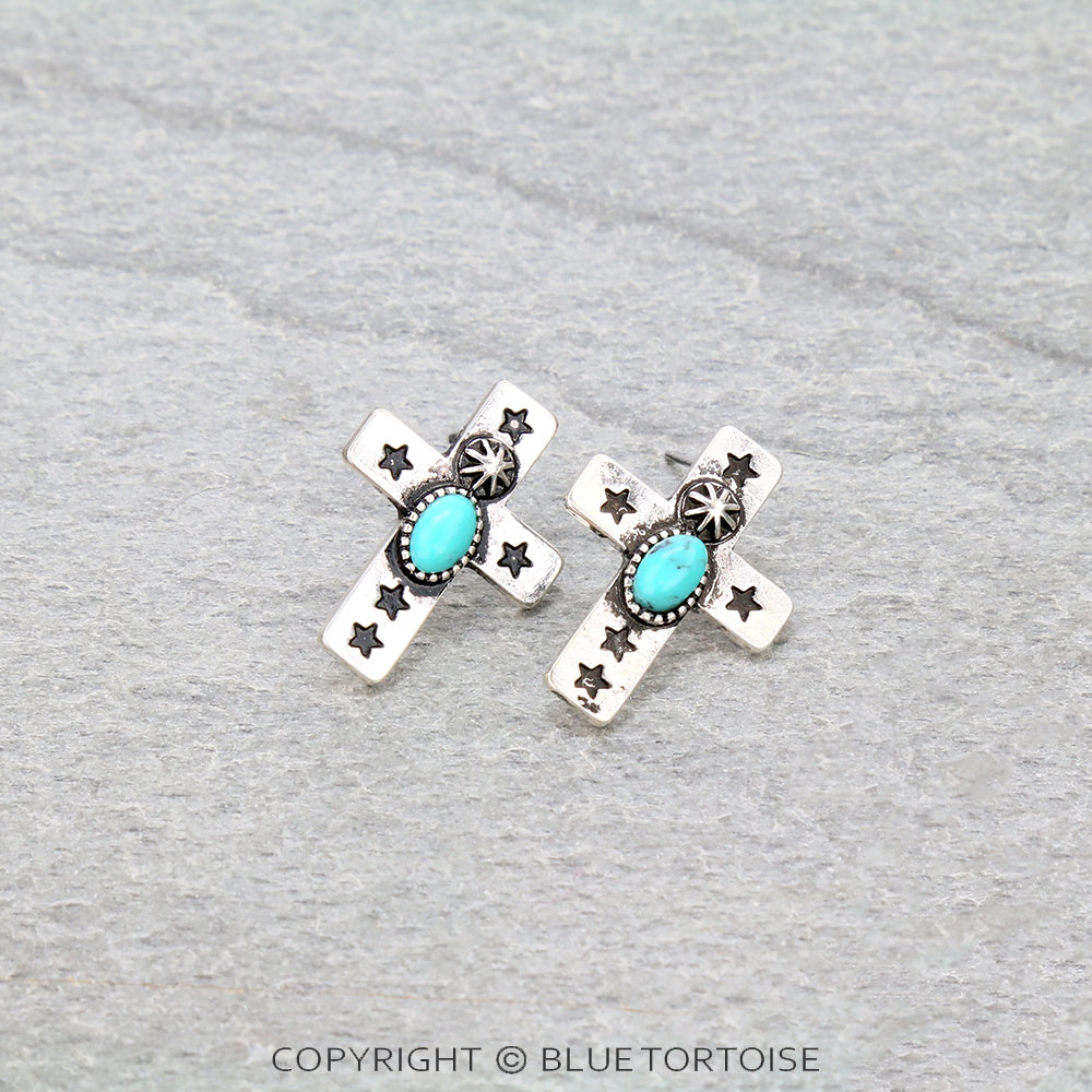 1" Western Cross with Stone Stud Earrings
