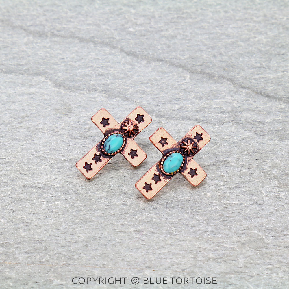1" Western Cross with Stone Stud Earrings