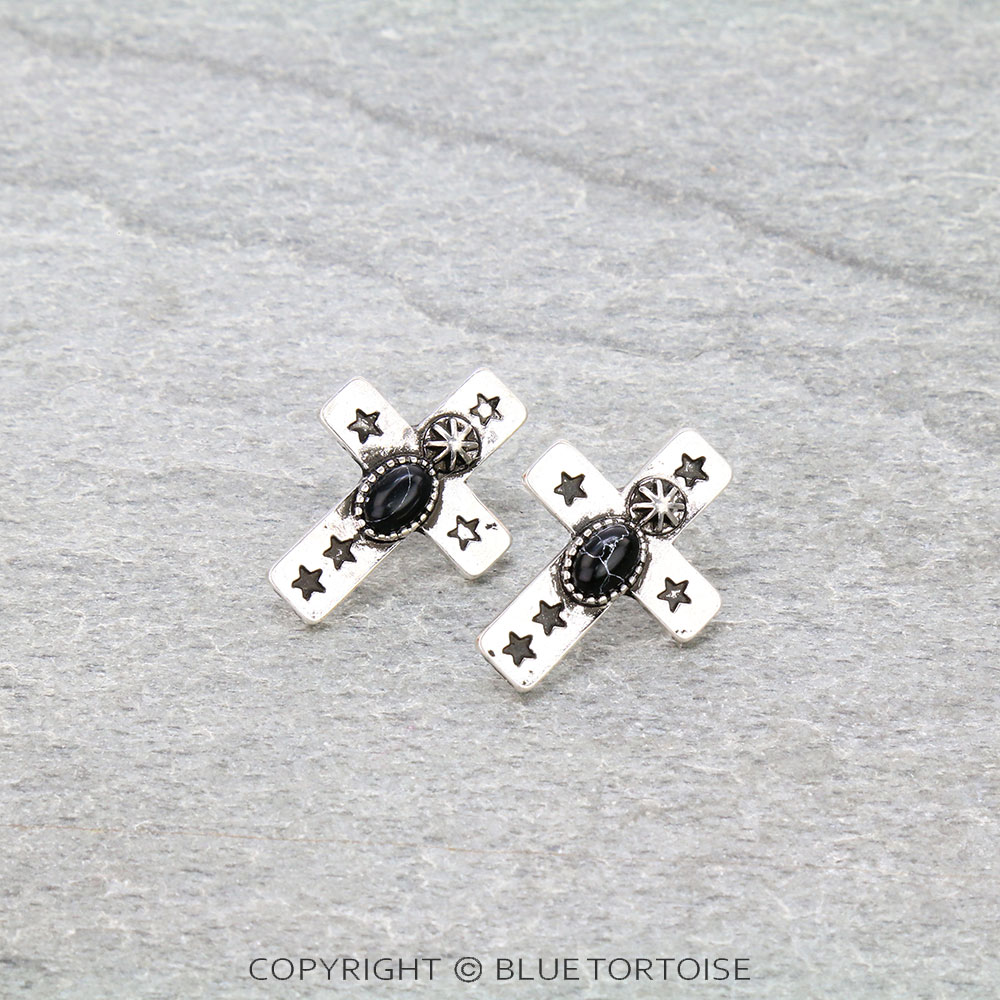 1" Western Cross with Stone Stud Earrings