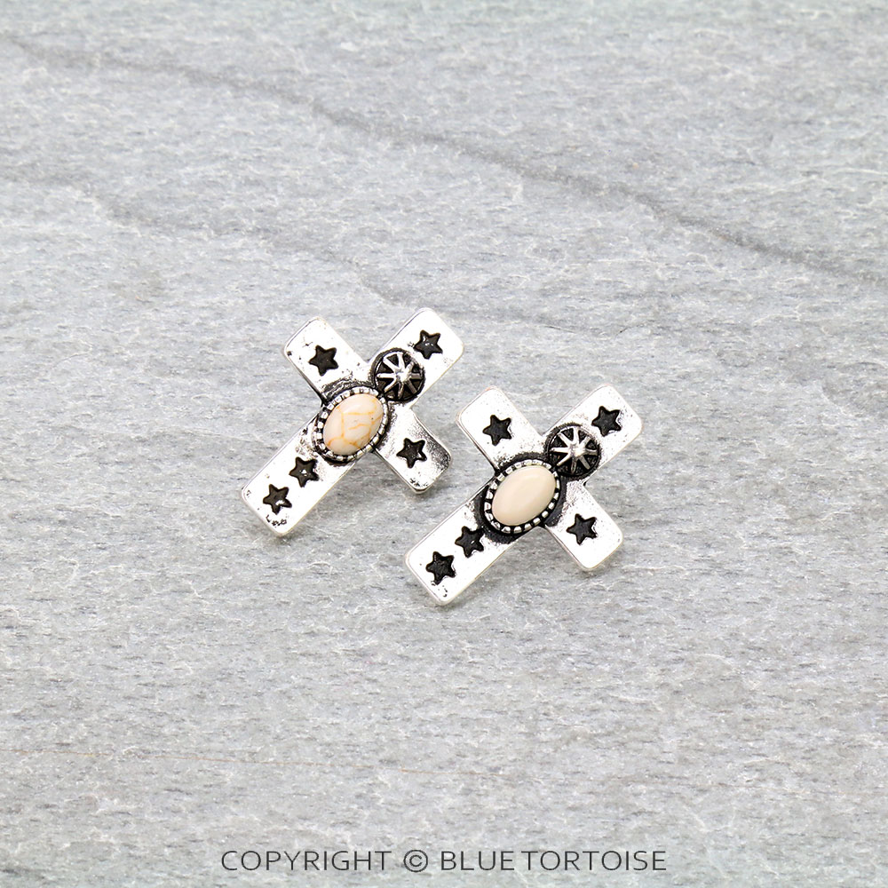 1" Western Cross with Stone Stud Earrings