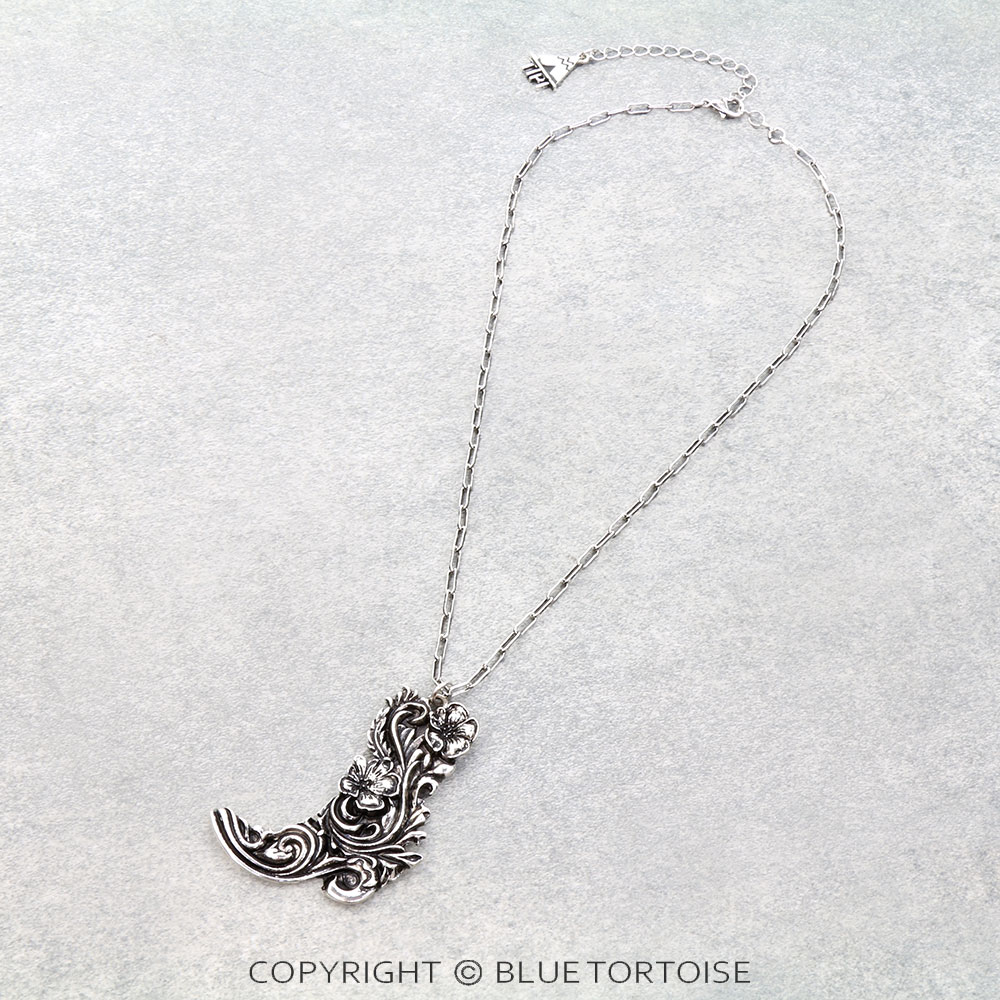 Western Flower Engraved Cowboy Boot Necklace