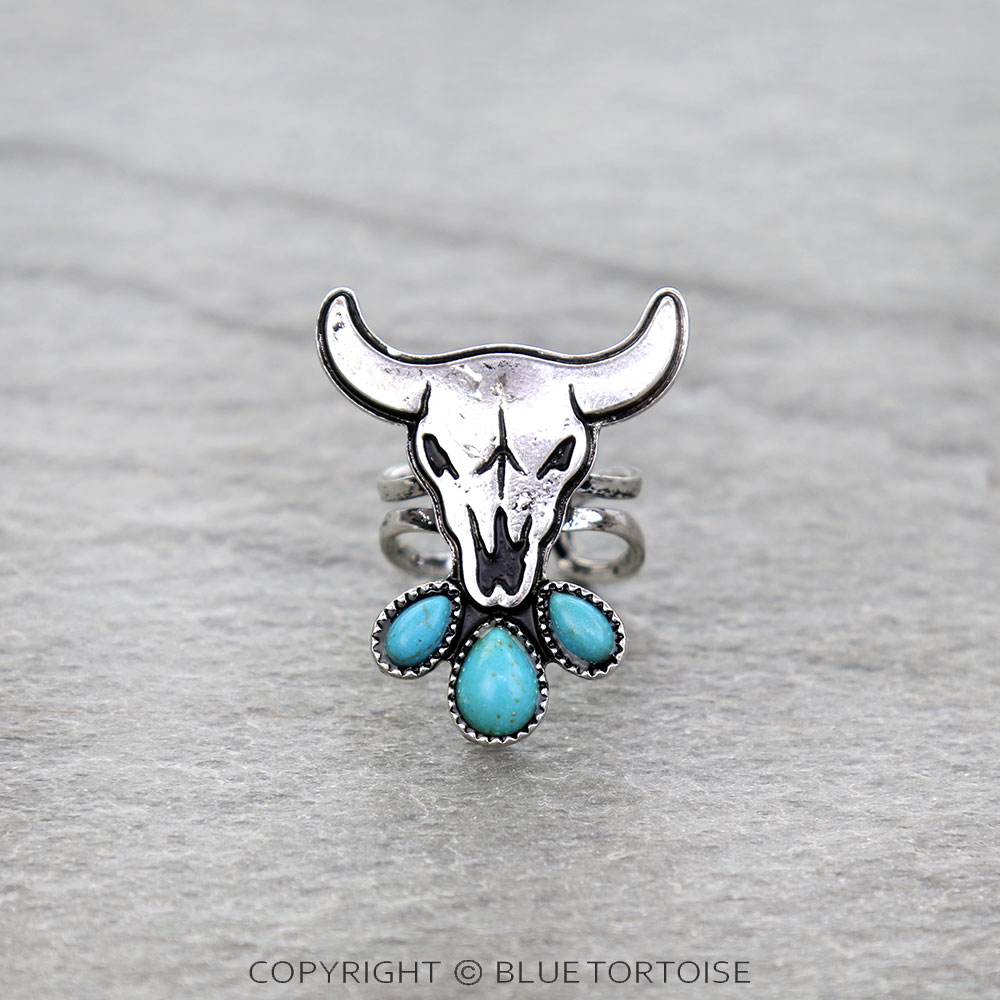 Western Steer Skull Stone Cuff Ring