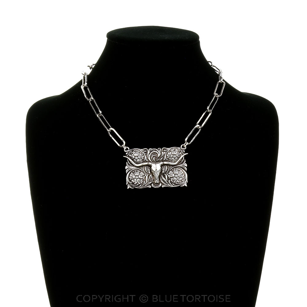 Western Flower Engraved Steer Skull Plate Necklace - Image 2