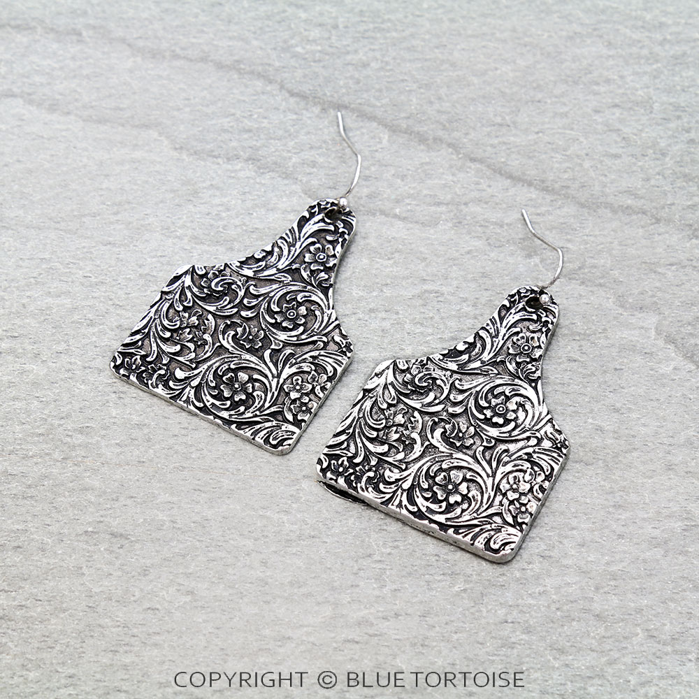 Western Flower Engraved Ear Tag Dangle Earrings