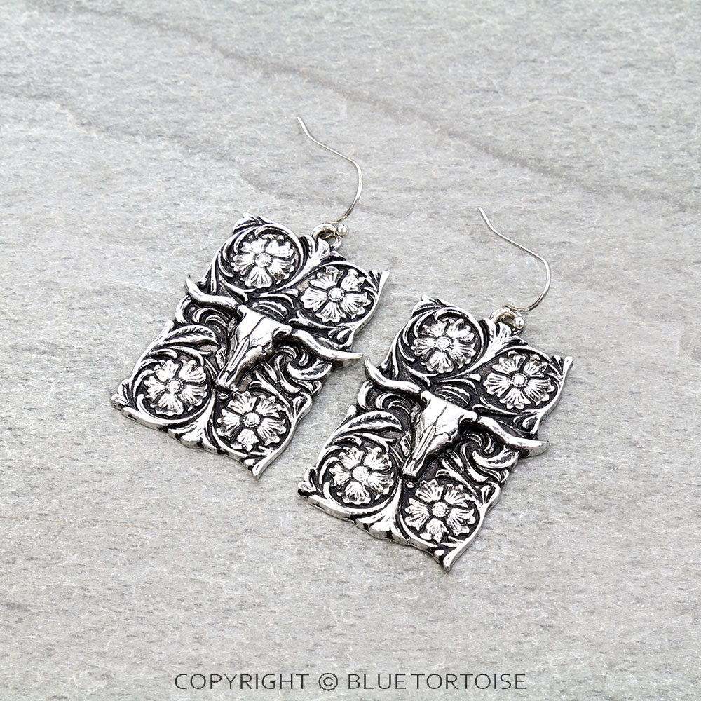Western Flower Engraved Steer Skull Plate Dangle Earrings