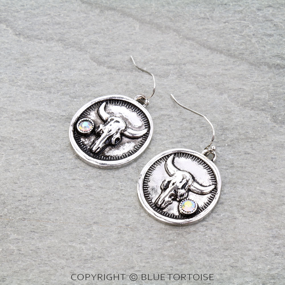 Western Round Steer Skull Dangle Earrings