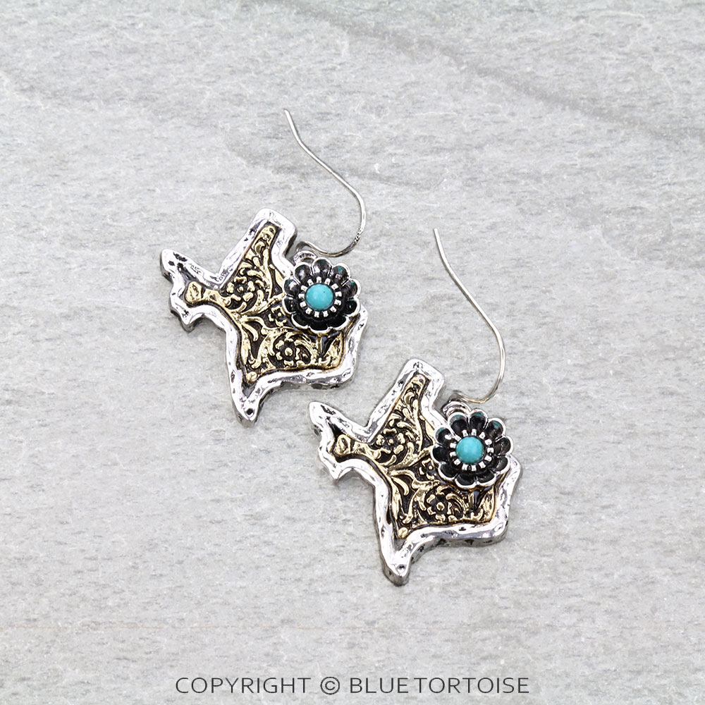 Western Dainty Texas Map Flower Dangle Earrings