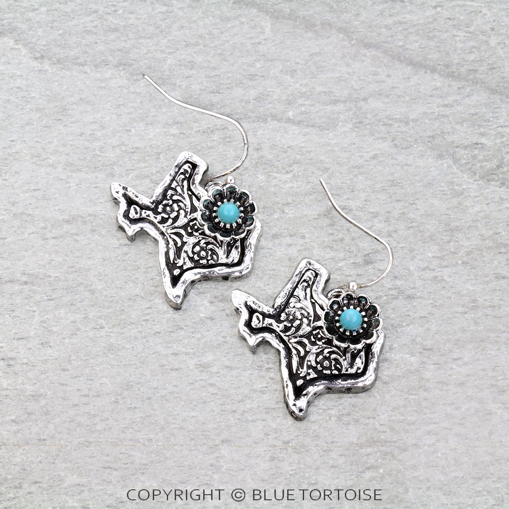 Western Dainty Texas Map Flower Dangle Earrings