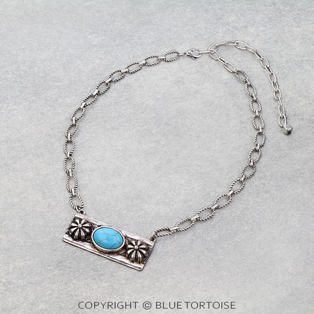 Western Floral Engraved Stone Bar Necklace
