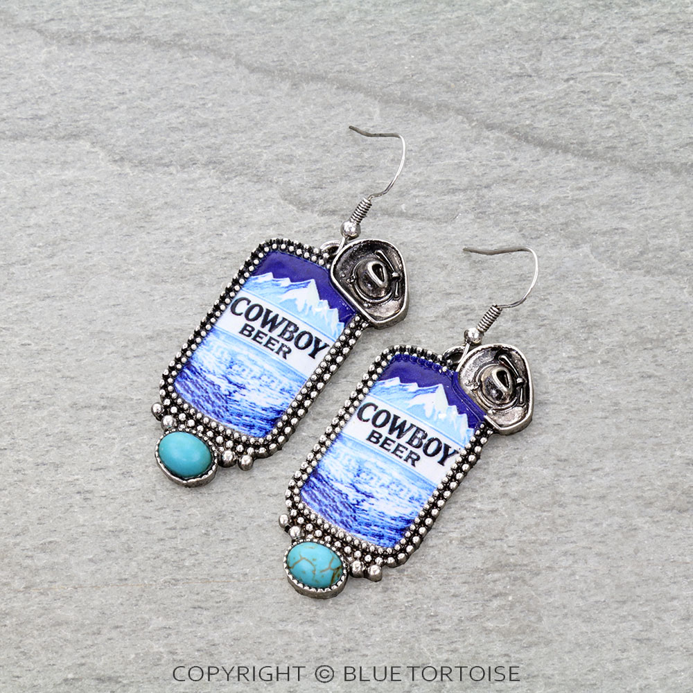 Western Cowboy Beer Print Dangle Earrings