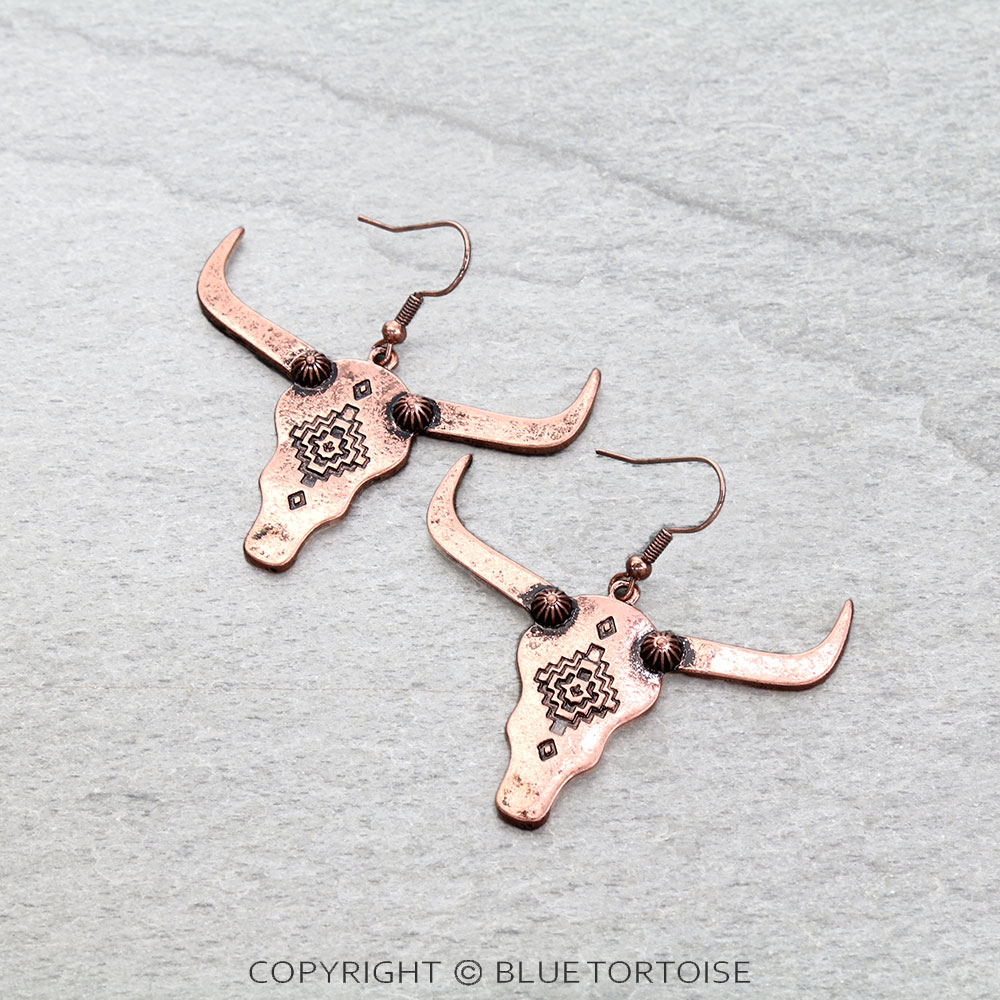 Western Aztec Steer Skull Dangle Earrings