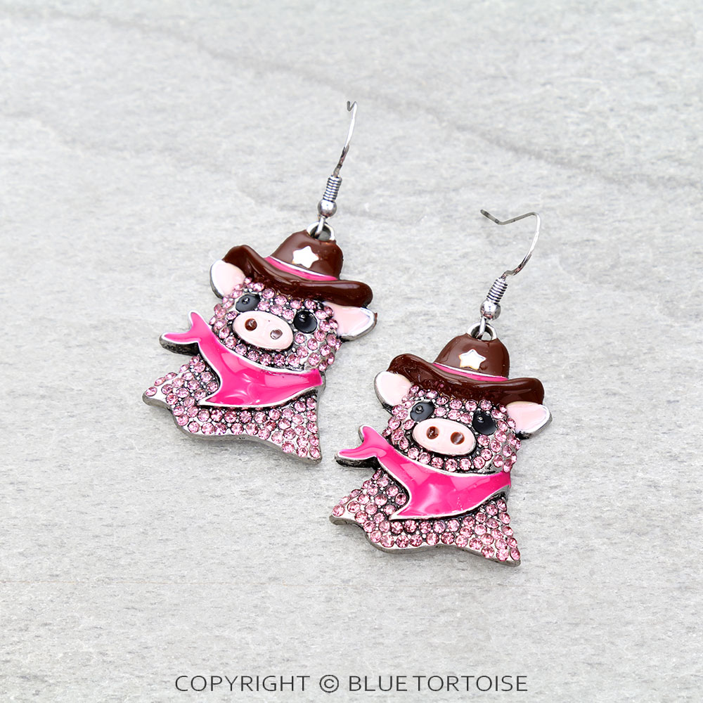 Western Cowboy Pig Dangle Earrings