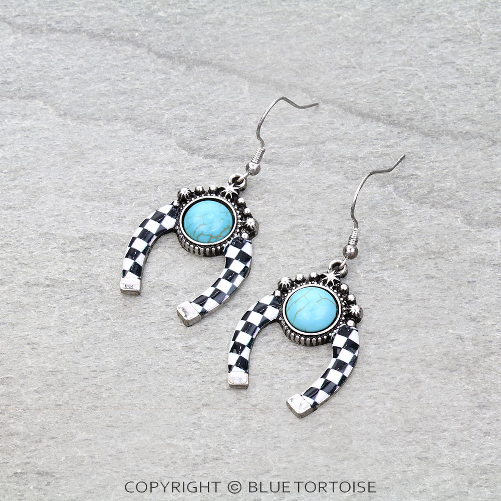 Western Checkered Horseshoe Dangle Earrings