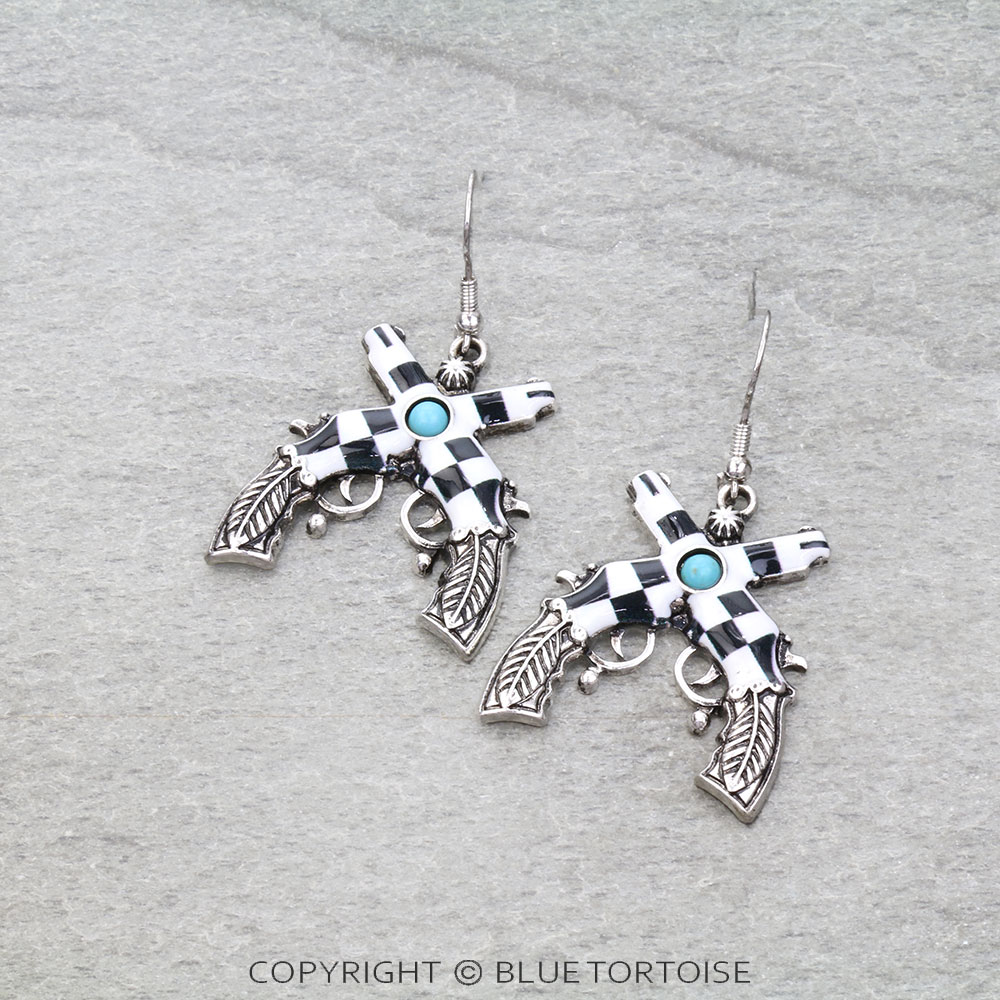 Western Checkered Gun Dangle Earrings