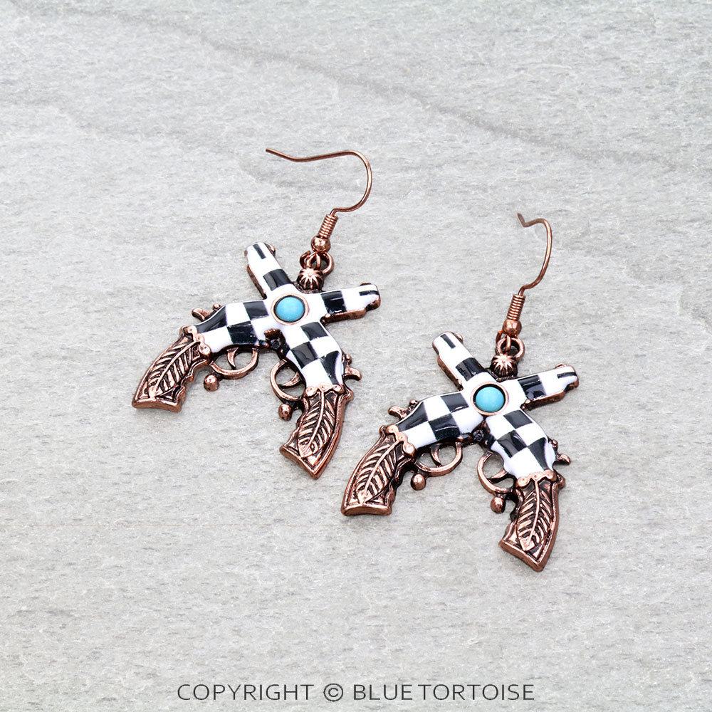 Western Checkered Gun Dangle Earrings