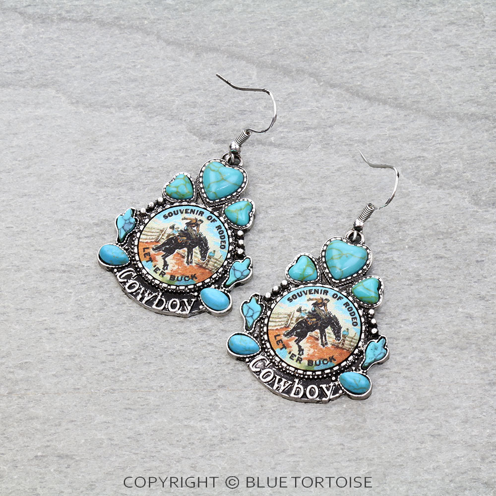 Western Cowboy Leather Stone Dangle Earrings