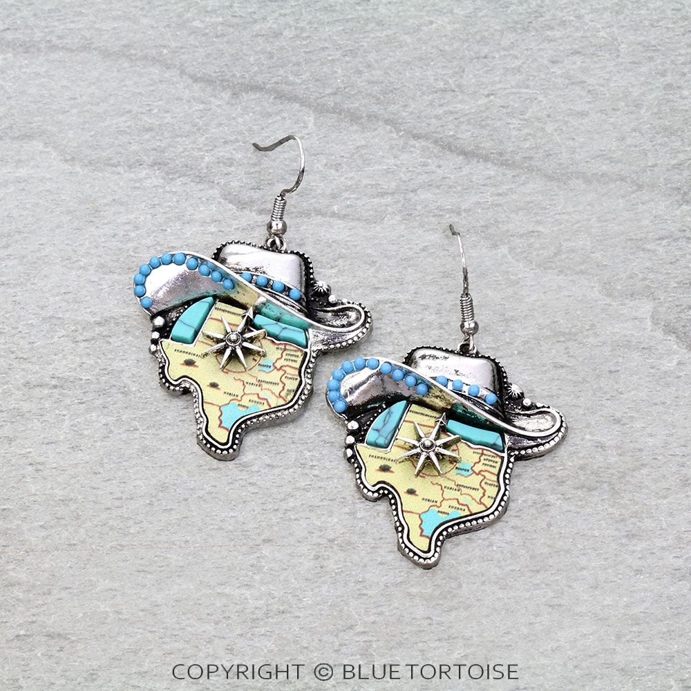 Western Cowboy Hat Leather Texas Map Dangle Earrings