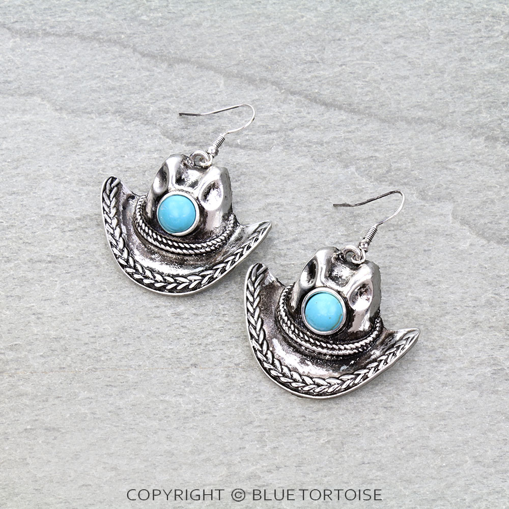 Western Cowboy Hat Stone Dangle Earrings