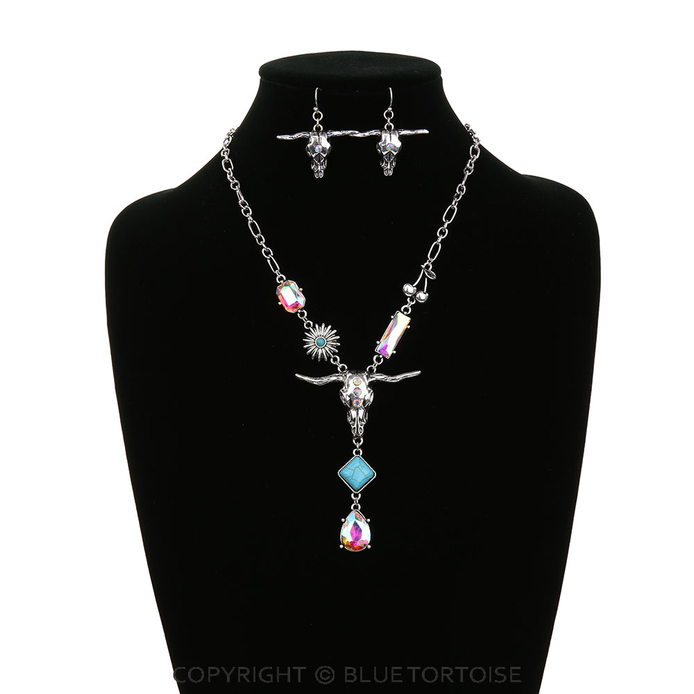 Western Steer Skull Stone Necklace Set - Image 2