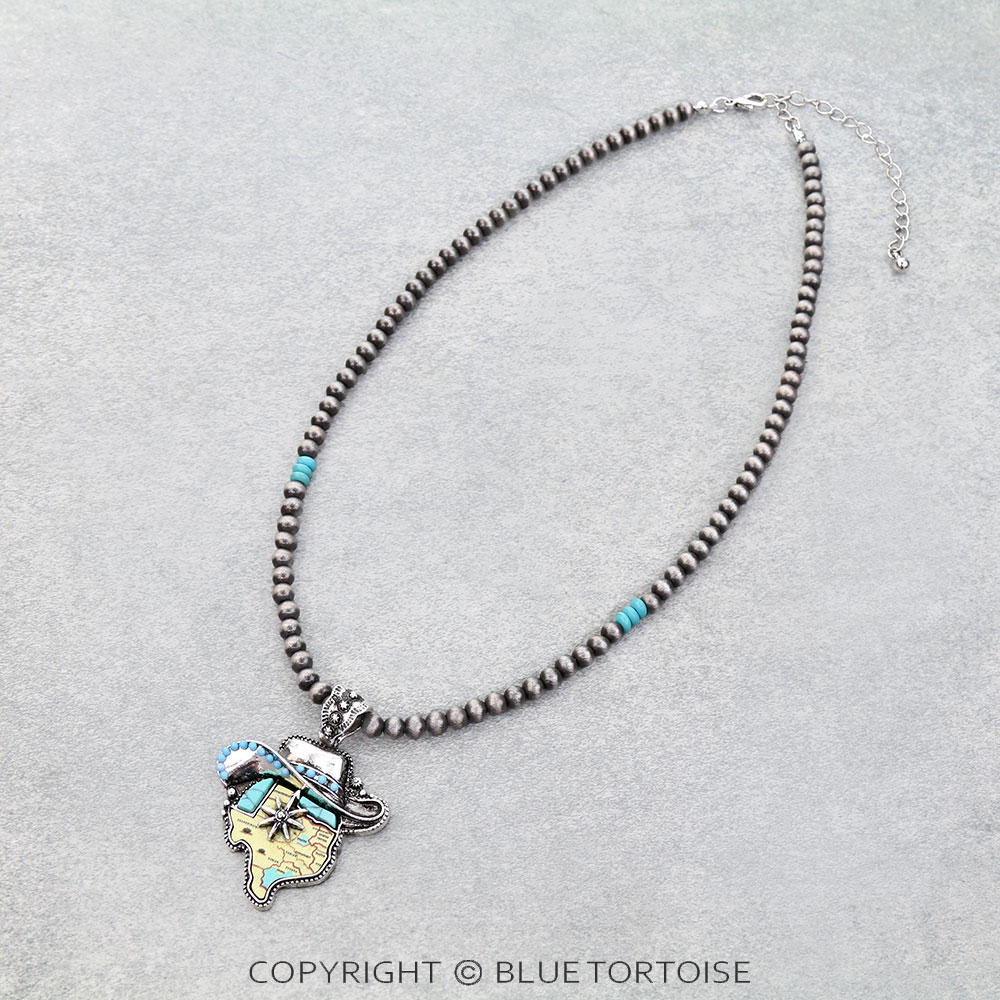 Western Cowboy Hat Leather Texas Map Necklace