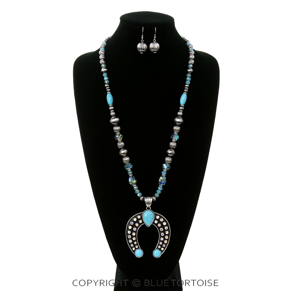 Western Squash Blossom Stone Pendant Necklace Set - Image 2