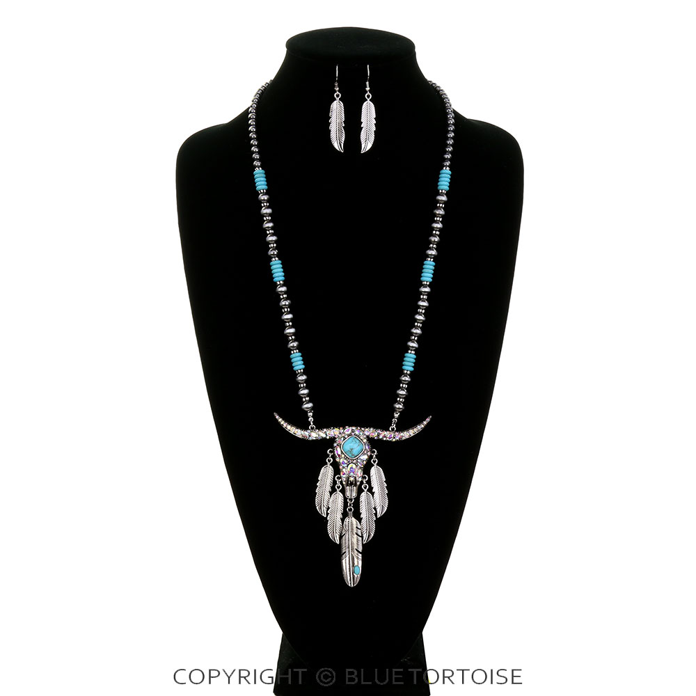 Western Steer Skull Stone Necklace Set - Image 2