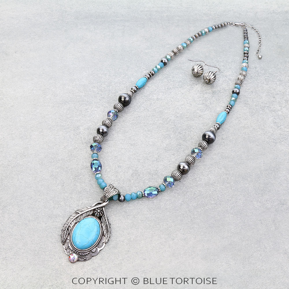 Western Leaf Stone Pendant Necklace Set
