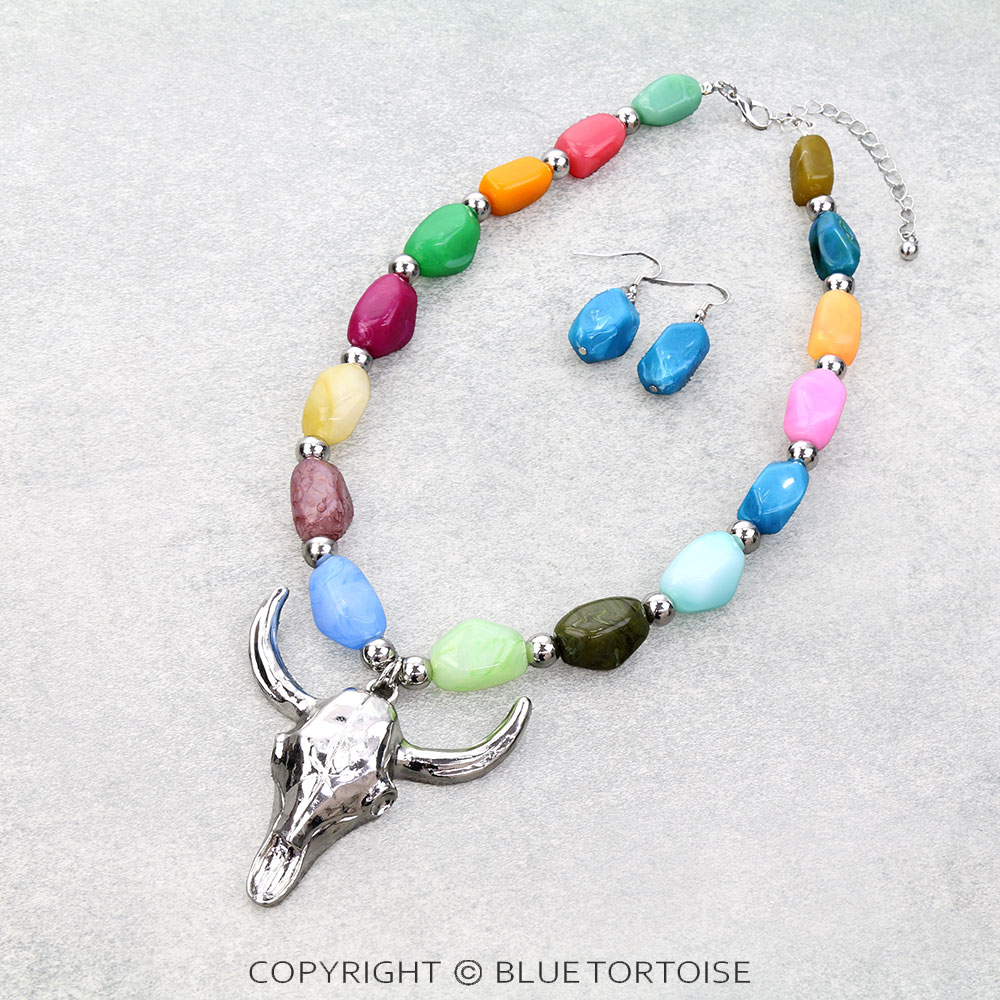 Western Steer Skull Pendant Necklace Set