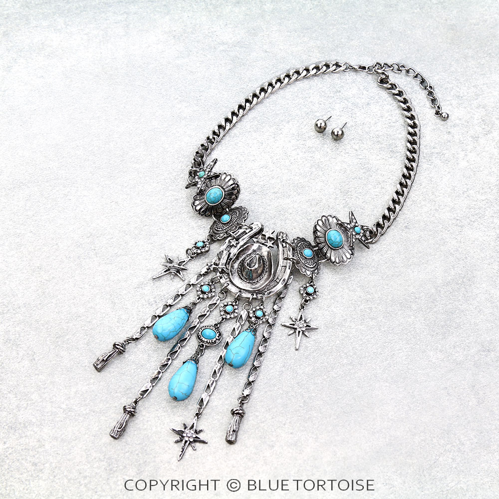 Western Cowboy Hat & Horseshoe Multi Charm Necklace Set