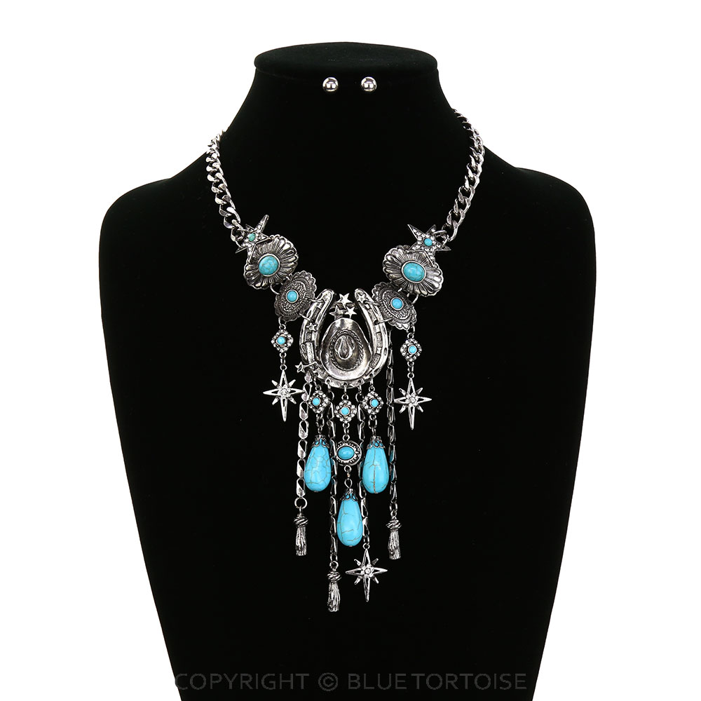 Western Cowboy Hat & Horseshoe Multi Charm Necklace Set - Image 2